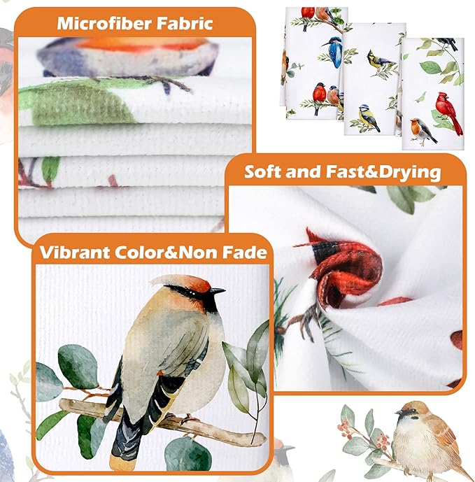 Set of 6 Birds Kitchen Towels Hummingbird Tea Towels Absorbent Dish Towels Birds on Branch 24 x 16 Inches Kitchen Gifts Cardinal Hand Towels Bird Lover Gifts for Farmhouse Kitchen Bathroom Decorations