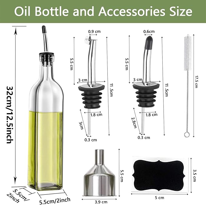 Olive Oil Dispenser Bottle, 2 Pcs Glass Olive Oil Dispenser and Vinegar Dispenser Set with 2 Stainless Steel Pourers, 4 Labels,1 Brush and 1 Funnel Oil Bottles for Kitchen (500ml)