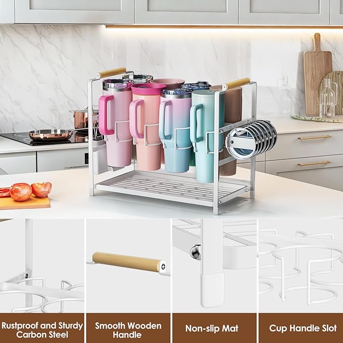 Housolution Water Bottle Organizer Drying Rack for 40 oz Tumbler with Handle, Multifunctional Cup Storage Holder Compatible with Stanley, Owala, Simple Modern and Other Brands, White (Patented)
