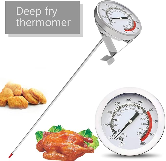 Lightbeam 16" Long Stem Deep Fry Thermometer with Pot Clip, Instant Read 2" Dial Meat BBQ Oil Turkey Thermometer Candy Thermometer for Deep Fry, Turkey, Grill, Candy & Coffee etc