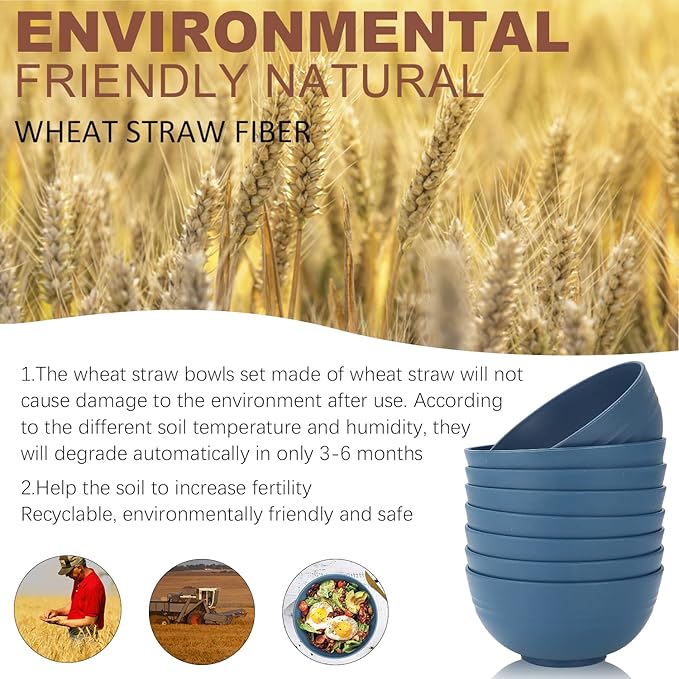 Homienly Soup Bowls, Cereal Bowl, Premium Wheat Straw Bowls Set of 8, Unbreakable Plastic Bowls Microwave Safe, Dishwasher Safe Serving Bowl for Kitchen, Breakfast, Dinner, Salad, Poke (Blue, 26 OZ)