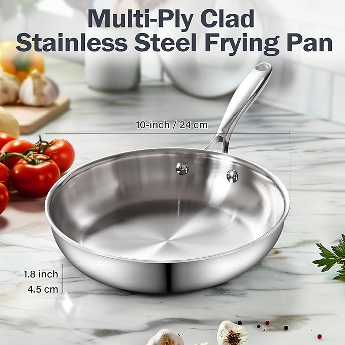 Cooks Standard Stainless Steel Frying Pan with Lid, 10-Inch Multi-Ply Clad Wok Stir Fry Pan, Kitchen Skillet, Silver