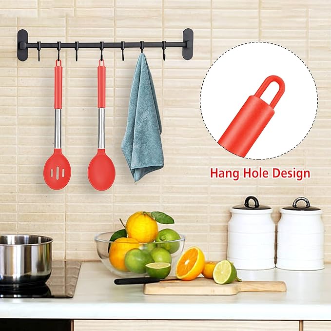 Pack of 2 Large Silicone Cooking Spoons, Non-Stick Stainless Steel Slotted and Solid Spoon Set for Serving, Mixing, Draining, Heat Resistant, Scratch Resistant and BPA Free Kitchen Scoops (Red)