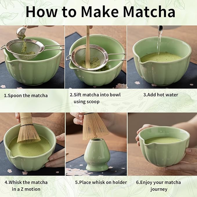Matcha Whisk Set of 8 - HTRCXB Ceramic Matcha Set, Include Matcha Bowl, Matcha Whisk and Holder, Bamboo Scoop, Measuring Spoon, Scoop Rest, Sifter and Tea Towel - Matcha Kit Gift for Matcha Lovers