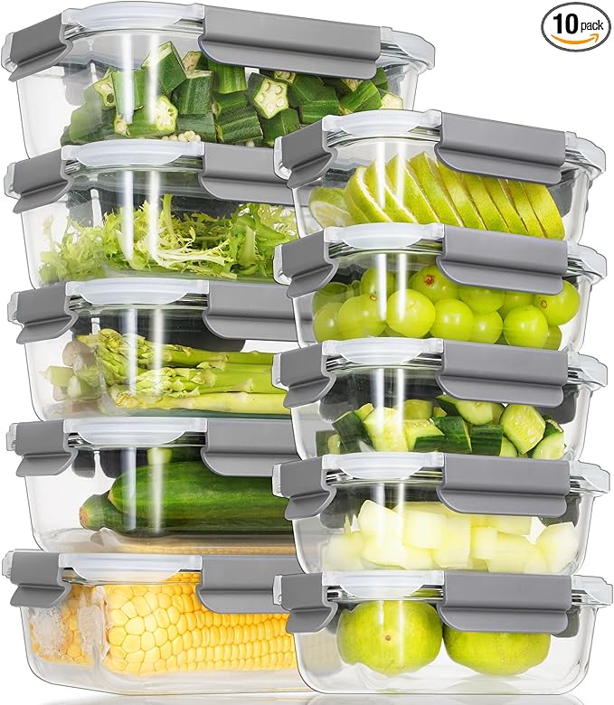 10 Pack Glass Meal Prep Containers with Lids - Airtight, Leak-proof, Bpa-free, Microwave, Oven, Freezer & Dishwasher Safe