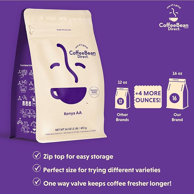 Coffee Bean Direct Kenya AA, Whole Bean Coffee, Light Roast, 1 Pound Bag (Pack of 1)