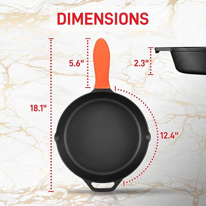 NutriChef 12-Inch Cast Iron Skillet w/Lid - Pre-Seasoned, Oven Safe, Nonstick, Cool-Touch Silicone Handle, For All Cooktops - NCCI12