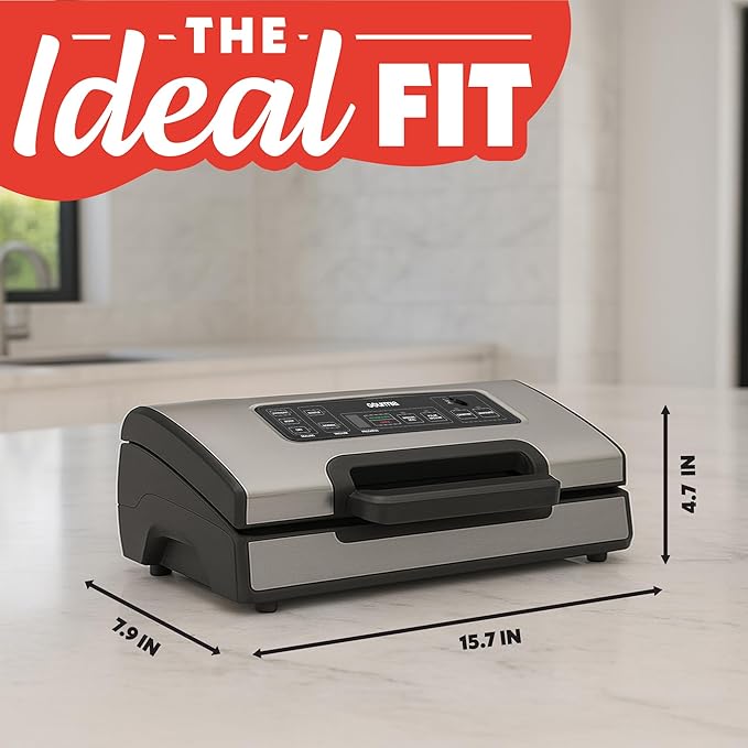 Gourmia Vacuum Sealer – Food Preservation System with Marinate Mode, Pulse Control, LED Display, Built-In Cutter, Gentle & Normal Vacuum Options, Stainless Steel