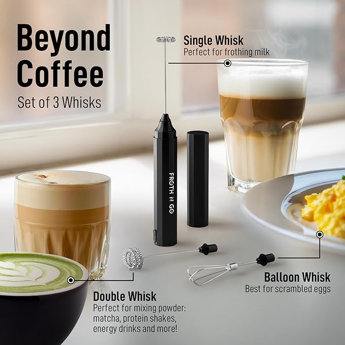 Zulay Froth N Go Milk Frother – Rechargeable 3-in-1 Handheld Frother Wand with Travel Case & USB-C Charger – Single, Double & Egg Whisk for Latte, Cappuccino, Matcha, Protein Shakes – Black