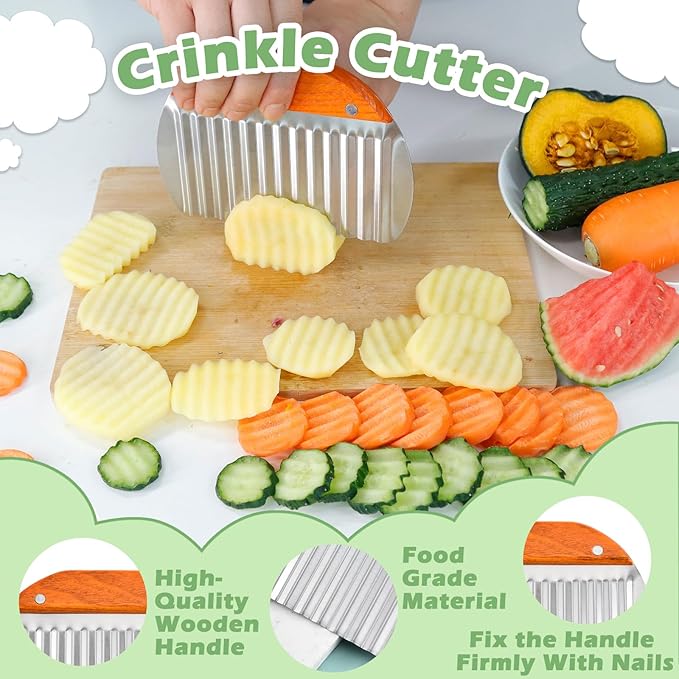 Suuker Large Crinkle Cutter for Veggies,French Fry Cutter with Wooden Handle,Potato Slicer French Fries Chopper,Potato Chip Slicer,Crinkle Cut Fries,Wavy Knife for Cucumber,Carrot,Carrot Chopper