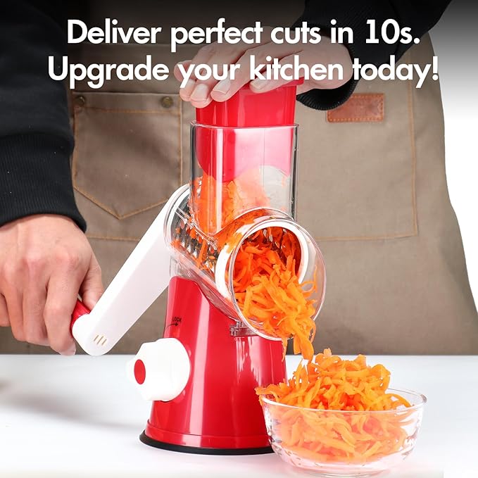 Rotary Cheese Grater Shredder, Speed Kitchen Manual Round Mandolin Slicer Safe Grinder with 3 Interchangeable Blades for Nuts, Carrot, Hashbrown, Garlic, Walnut, Potato, Chocolate (Red)