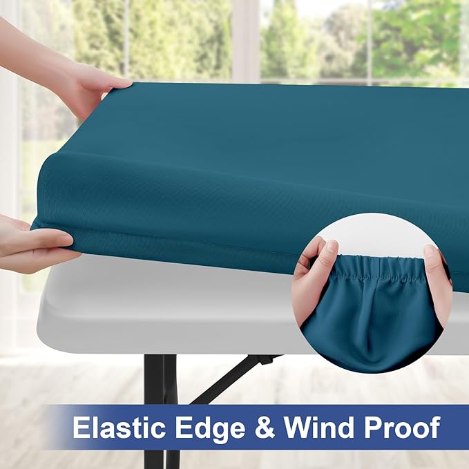 homing Rectangle Table Cloth Cover, Waterproof Polyester Elastic Fitted Tablecloth, Fits for 6 Foot Folding Tables, Washable Table Protector for Picnic, Camping, Outdoor (Peacock Blue, 30" x 72")