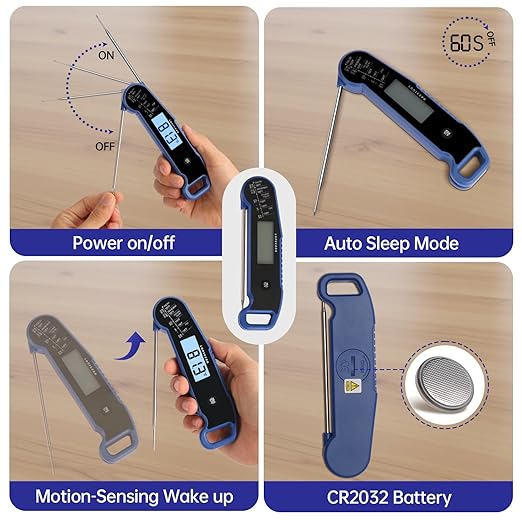 Lonicera Digital Meat Thermometer for Food Cooking. Instant Read Within 1 Sec and ±0.9℉Accuracy with Thermocouple Sensor. IP67 Waterproof, Auto-Rotating Display, Auto Wake up (Blueberry)