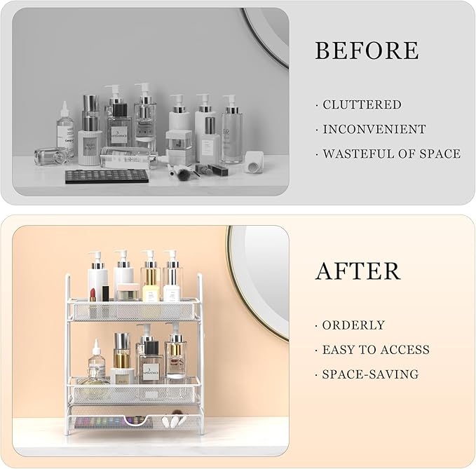 LEMIKKLE 2-Tier Bathroom Counter Organizer with Drawers, Multi-Purpose Makeup Organizer Countertop, Large Skincare Organizers, Exquisite Vanity Shelf