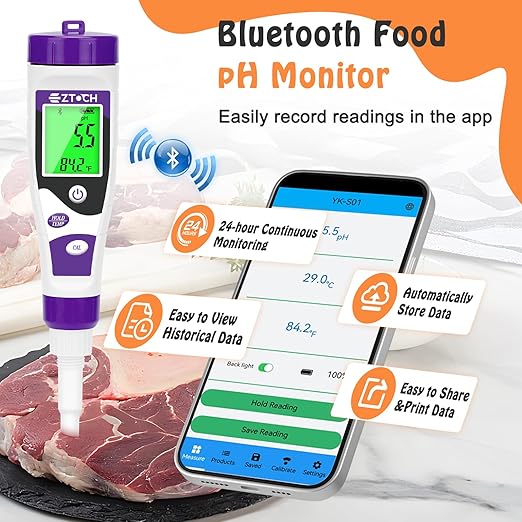 Food pH Meter, Digital pH Meter for Food Fermentation Canning Cooking, Smart Sourdough pH Tester for Bread Cheese Sauces, Measure pH in Water, Brewing, Meat, Sausages, Pickles, Sushi Rice