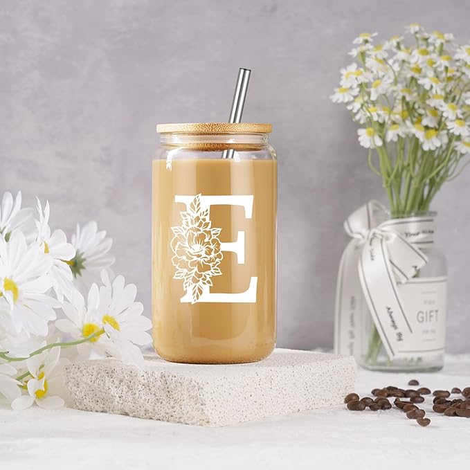 Coolife Initial Glass Cup, Monogrammed Gifts for Women, 16 oz Glass Cups w/Lids Straws, Iced Coffee Smoothie Beer Tumbler w/Straw Lid - Personalized Christmas, Birthday Gifts for Her Mom Friend Woman