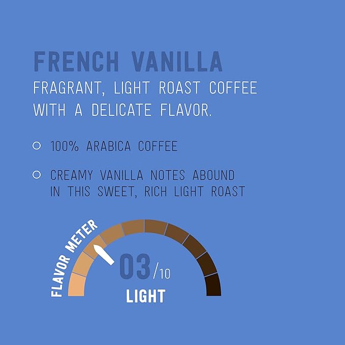 Amazon Brand - Happy Belly Light Roast Coffee Pods, French Vanilla Flavored, Compatible with Keurig 2.0 K-Cup Brewers, 100 Count