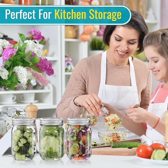 12 oz Mason Jars with Lids 20 Pack - Regular Mouth Canning Jars, Clear Glass Jar for Spices, Dry Goods, Meal Prep, Crafts & Pantry Storage- Includes 30 Stickers & 1 Chalk Pen