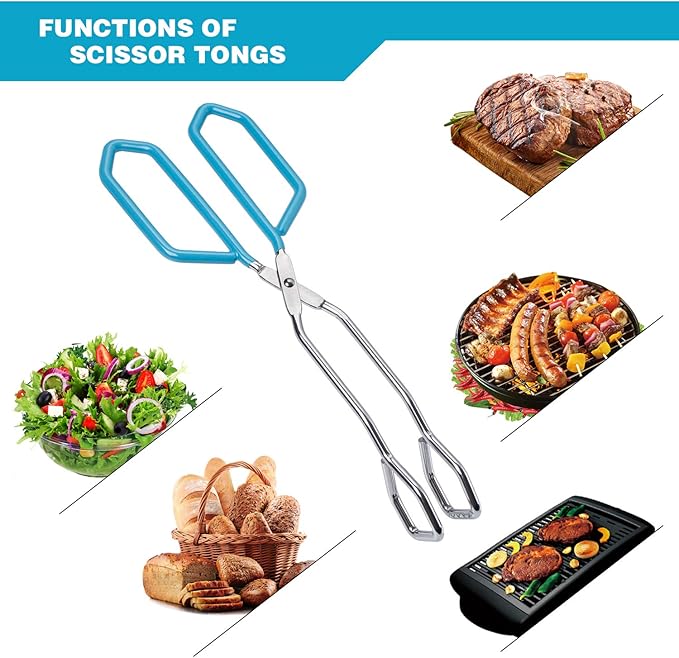 MSY BIGSUNNY Stainless Steel Scissor Tongs Heavy Duty Cooking Tongs with Soft Handles (1, blue 11")