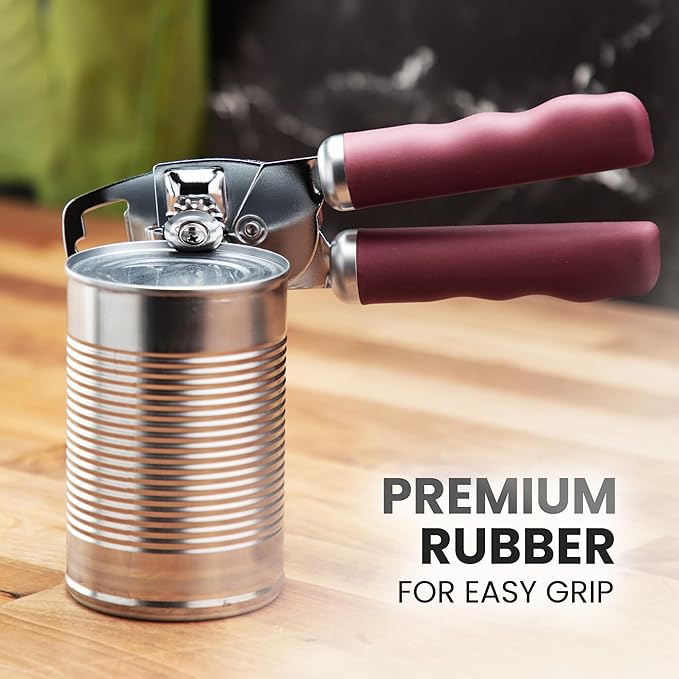Zulay Kitchen Heavy Duty Stainless Steel Can Opener Manual with Bottle Opener - Rust Proof Manual Can Opener With Turn Knob & Comfy Soft Grip Handles - Deep Red