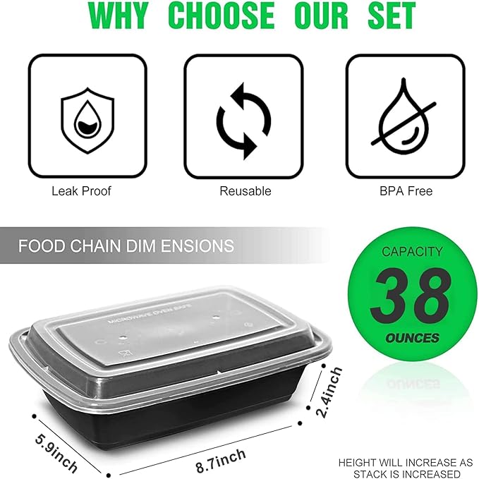 Meal Prep Containers [38OZ] Plastic Food Storage Containers With Lids,10-Pack Reusable To Go Containers, Disposable Food Prep Container, BPA-free, Stackable, Microwave/Dishwasher/Freezer Safe