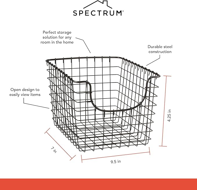Spectrum Small Wire Scoop Storage Basket Industrial Gray Metal Wire Basket Storage Organizer for Kitchen Pantry Cabinet Bathroom Organization, Farmhouse Style Open Front Wire Storage Bin for Pantry