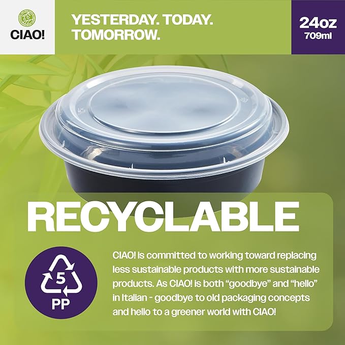 CIAO! 24oz Heavy Weight Injection Molded Microwavable Black Round Food Container with Lid (150/case)