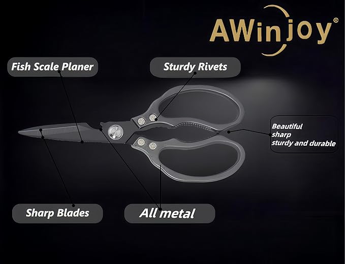 AWinjoy Heavy Duty Sharp Kitchen Scissors - Dishwasher Safe Black Cooking Shears for Meat, Chicken, Fish, Poultry, Herb, Bread (All Black)