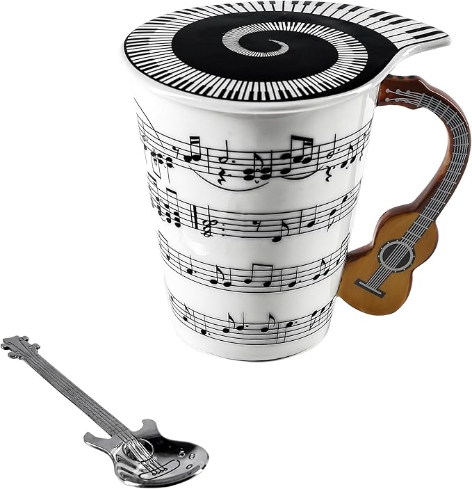 Guitar Novelty Mug Unique Musical Gift Coffee Cup with Cool Music Themed Lid & Guitar Handle Design & Guitar Spoon, Great Gifts for Music Teachers,&guitarLoversfor Holidays,Fathers Day,Men,Woman