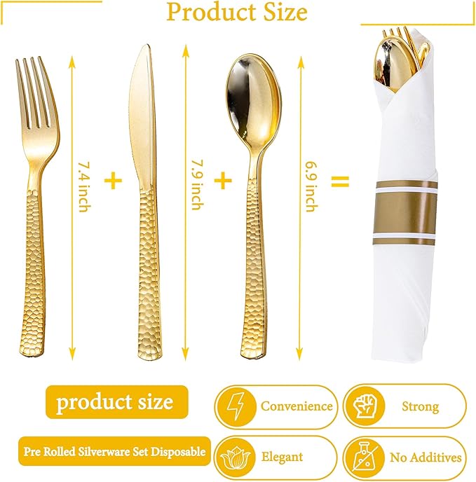 WELLIFE 50 Pack Gold Plastic Silverware with Pre Rolled Napkins,Gold Disposable Utensils, Includes: 50 Forks,50 Knives,50 Spoons,50 Napkins,gold Silverware Disposable for Thanksgiving