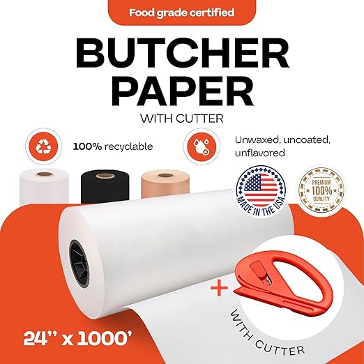 White Butcher Paper 24" x 12000" (1000 feet) with Cutter - USA-Made Natural Butcher Paper Roll for Meat & Fish - Uncoated Food-Grade Material for Smoking, Grilling & Barbecue by IDL Packaging