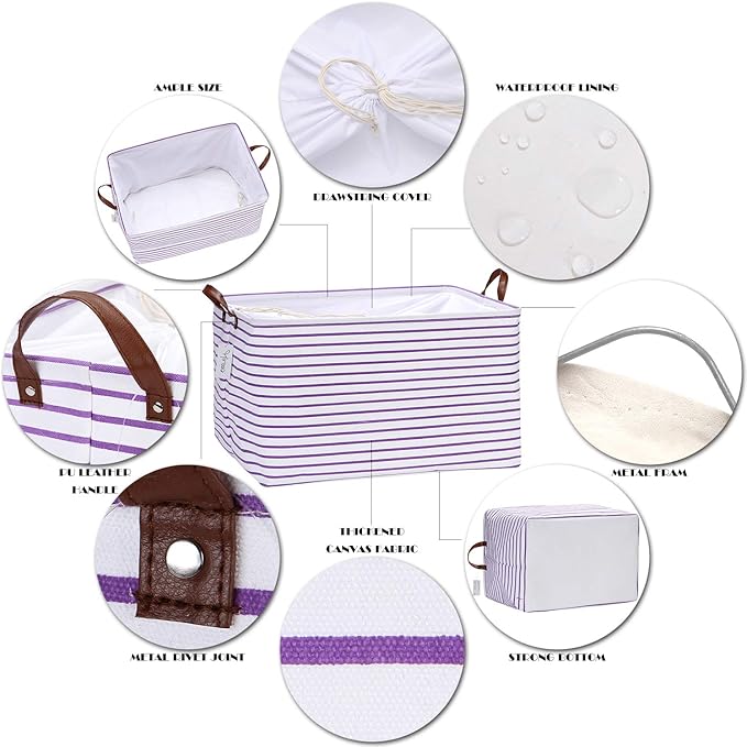 Hinwo 2-Pack Extra Large Canvas Fabric Storage Baskets with Handles, 70L Oversized Storage Bins, Collapsible Storage Box, Clothes, Toys, Blankets Organizers, 22 x 15 x 13 inches, (Purple Stripe)