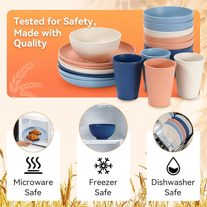 Wheat Straw Dinnerware Sets,64-Piece Plates and Bowls Sets for 8-Unbreakable,Reusable Plastic Dish Set-Dinner Plate/Dessert Plate/Cereal Bowl/Cup/Utensils-Microwavable Dishwasher Safe 64P-Light Gray