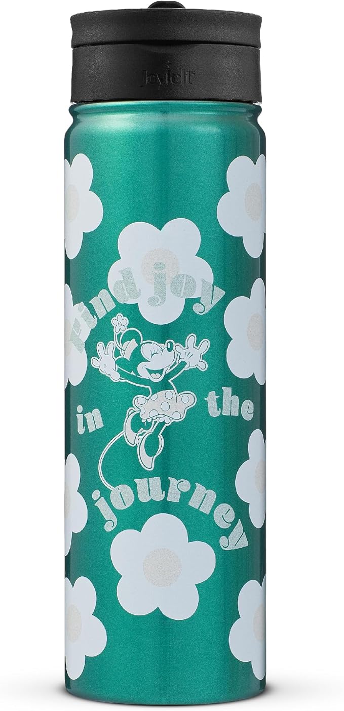 JoyJolt Disney Retro Vintage Stainless Steel Water Bottle ft Minnie Mouse, Reusable 22oz Vacuum Insulated Water Bottle Tumbler with Leak Proof Flip Straw Lid and Handle, Lead & BPA Free