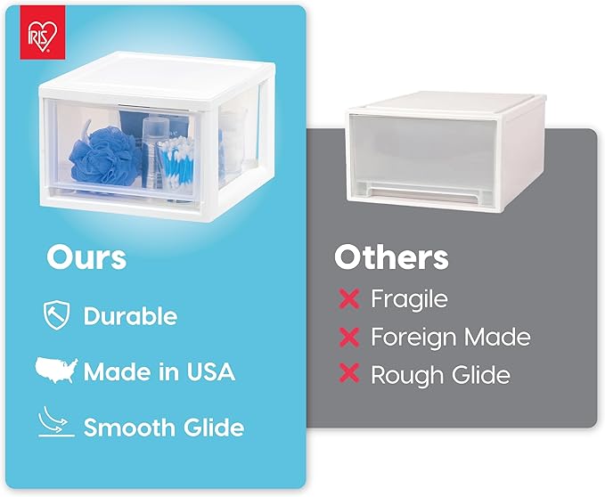 IRIS USA 6 Qt. Small Plastic Stacking Drawer, Stackable Storage Organizer Unit with Sliding Drawer for Bedroom Kitchen Under Sink Pantry Craft Room Dorm Office, White, 4-Pack