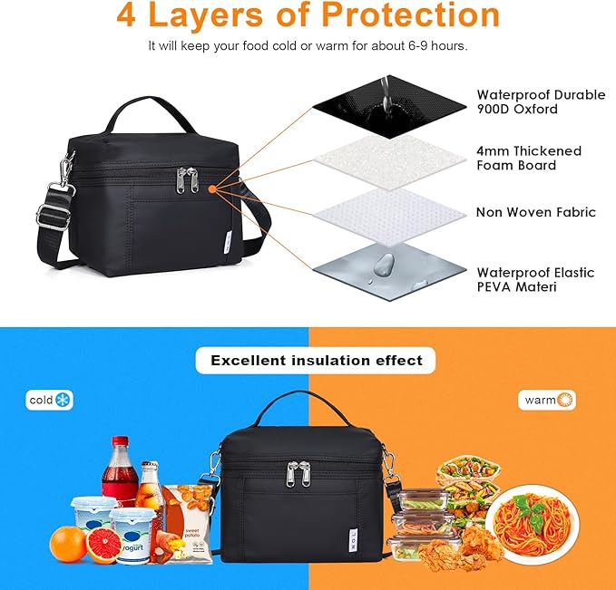 NOL Natural Organic Lifestyle Small Insulated Lunch Bags for Women Cooler Bag Lightweight Nylon Waterproof Lunch Box For Work（Small，Black）