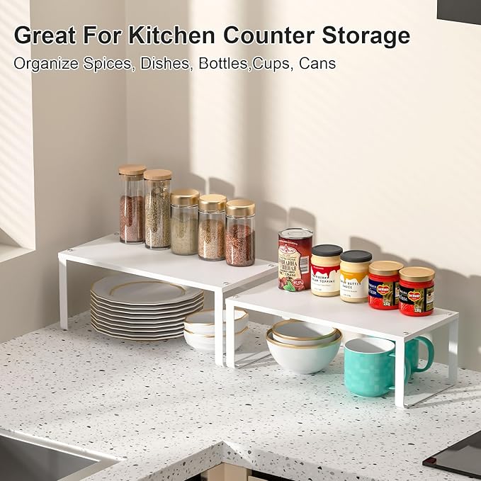 15.75" Long Stackable Expandable Metal Shelf Organizer For Kitchen Cabinet Counter Storage, Set of 2 Small Metal Storage Shelves Spice Rack For Kitchen Cupboard Countertop,Sturdy, 30LBS Heavy Duty