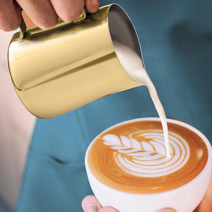 Zulay Premium Gift Milk Frother Set – Handheld Coffee Frother with Stand, 12oz/350ml Frothing Pitcher + 4 Latte Art Stencils – 13,000 RPM Motor, SS Whisk, Battery Operated – Barista Kit (White Gold)