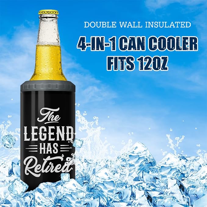 SANDJEST The Legend Has Retired 4-in-1 Design Tumbler Cup Can Cooler - 12oz Stainless Steel Insulated Cans Coozie Travel Mug Christmas, Birthday, Happy Retirement Gifts for Coworkers, Colleagues, Men