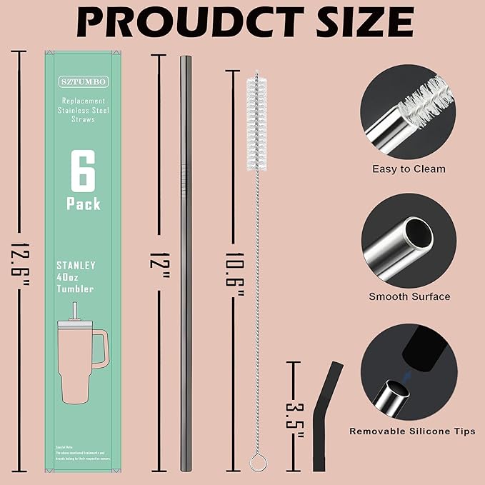 6 PCS 12Inch Metal Stainless Steel Reusable Straight Straw,with 6 Silicone Flex Tips and 2 Cleaning Brush,for 40oz Stanley, Hydrapeak, Owala Tumbler,Simple Modern 32 40oz Tumbler(8mm 3B3S)