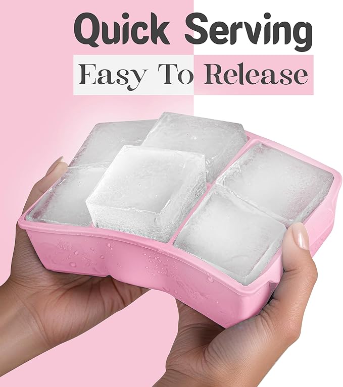 KitchFort Large Silicone Ice Cube Tray (3-Pack), Easy Release 2" Big Ice Cubes - Cocktail, Whiskey Ice Cubes Mold - Ice Trays for Freezer with Lid - Stackable Silicone Ice Tray - Pink