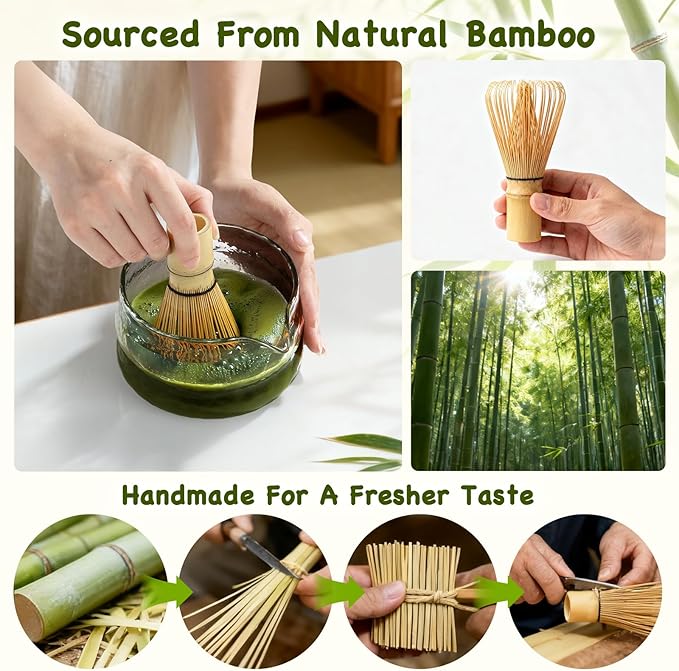 OUTXE Matcha Whisk Set, 7 PCS Matcha Kit for Ceremony, with Clear Matcha Bowl, Spout, Bamboo Whisk& Holder, Stainless Steel Sifter, Japanese Ceremonial Gift for Family/Friend/Macha Lover Starter
