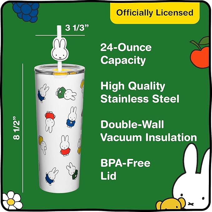 Dragon Glassware | Miffy 24 oz Vacuum Insulated Tumbler with Lid and Straw - Tumbler Cup with 2 Straws - Stainless Steel Tumbler with Straw Topper for Water, Iced Tea - Iconic