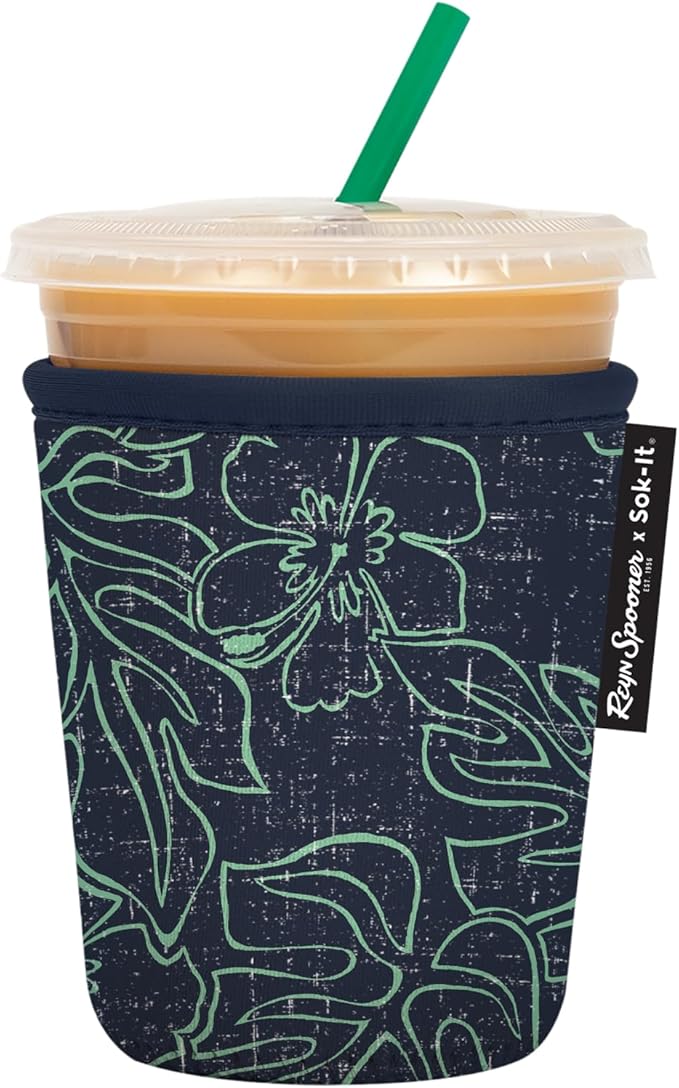 Sok It JavaSok Iced Coffee & Cold Soda Insulated Neoprene Cup Sleeve (Reyn Spooner Monstera Ink, Small: 16-20oz)