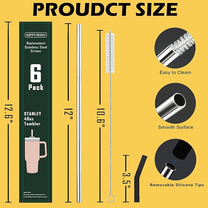 6 Pack 12 Inch Metal Stainless Steel Reusable Straight Straw,with 6Silicone Tips and 2Cleaning Brush,for 40oz Stanley, Hydrapeak, Owala Tumbler,Simple Modern 32 40oz Tumbler(8mm 3S3B)