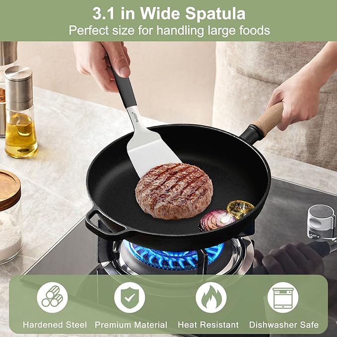 Beijiyi Stainless Steel Spatula Set, 2 Pcs Small Metal Spatula for Cast Iron Skillet, Solid and Slotted Turner Spatulas for Kitchen Use with Silicone Handle, Cooking Utensils for Eggs, Burger, Steak