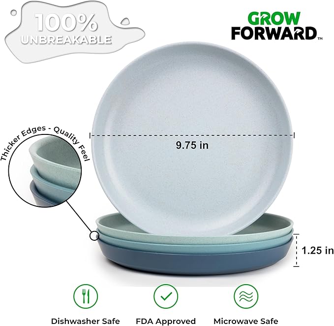Grow Forward Premium Wheat Straw Plates and Bowls Sets - 8-Piece Wheat Straw Dinnerware Sets - Unbreakable & Reusable Microwave Safe Plastic Dinner Plates for Outdoors, RV, Camping Dishes - Seascape