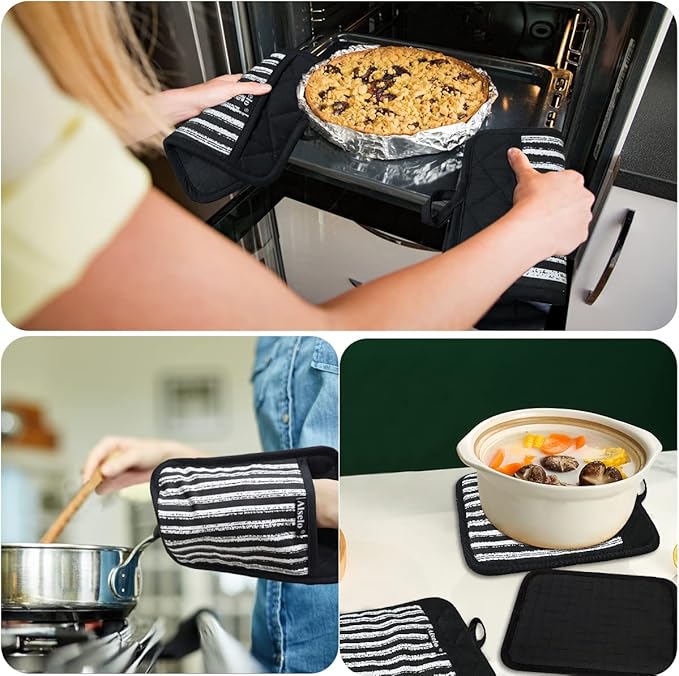 Silicone Pot Holders Set of 3 Heat Resistant & Non Slip Potholders, Professional Oven Hot Pads with Pockets Mitts for Kitchen Cooking Baking Barbecue (3, Black)