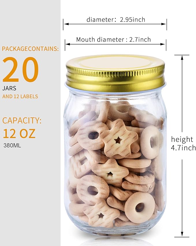 12oz Glass Jars With Lids Regular Mouth 20 Pack -Mason Jars 12 oz For Crafts, Meal Prep, Canning Jars For Food Storage Frascos De Vidrio Con Tapa Para Conservas-with 20 Chalkboard Stickers-Gold Lid