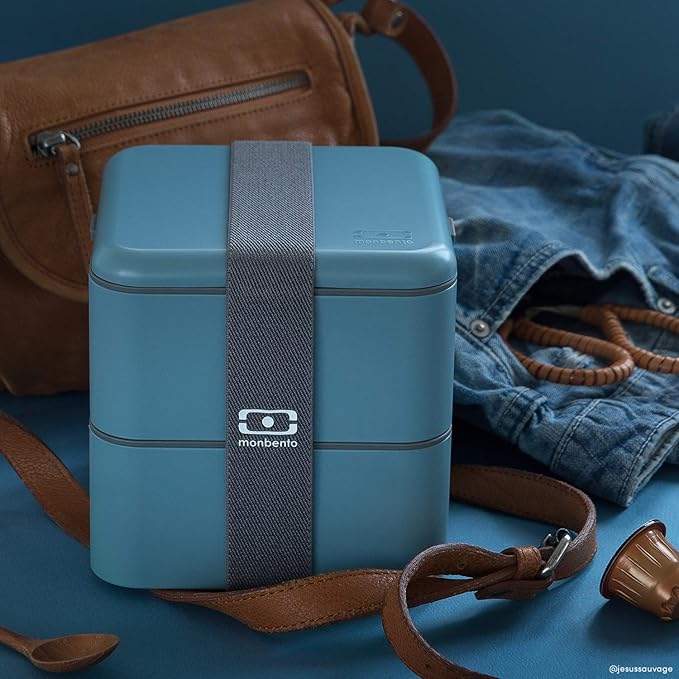 MONBENTO - Large Bento Box MB Square Denim with Compartments - Leakproof Lunch Box for Work or School or Meal Prep - BPA Free - Food Grade Safe - Blue